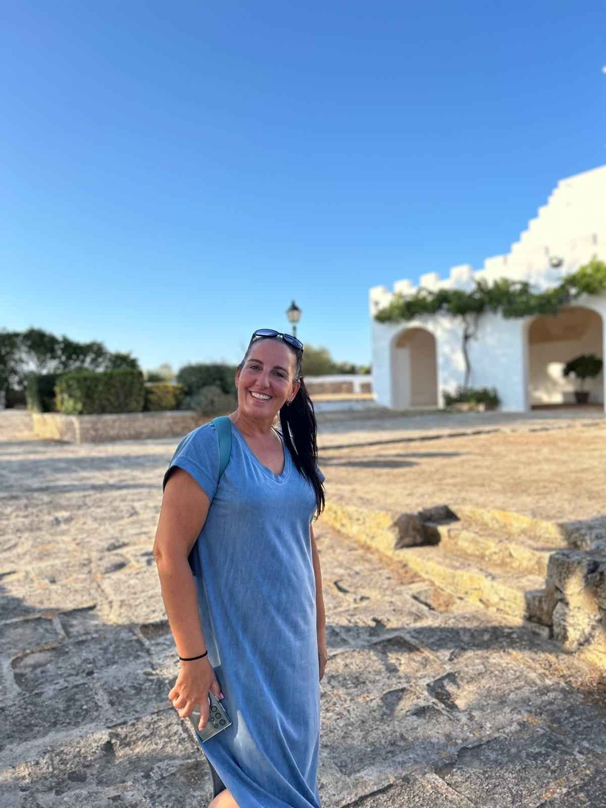 Mónica at the Sant Joan de Missa hermitage in Menorca